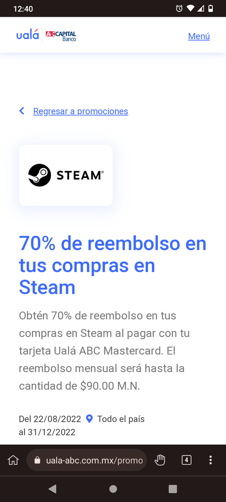 Ualá: reembolso del 70% en Steam (máximo 90 pesos